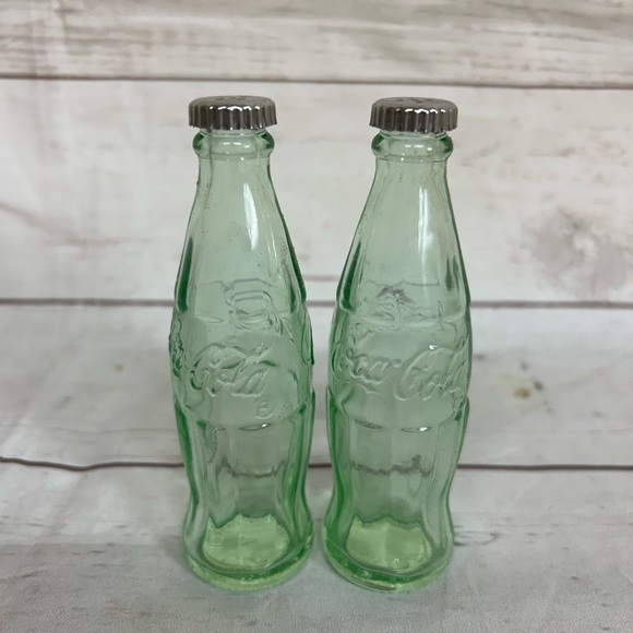 Coca Cola Bottle Salt And Pepper Shakers 4 3/8” Tall Green Glass Clean - Picture 1 of 7
